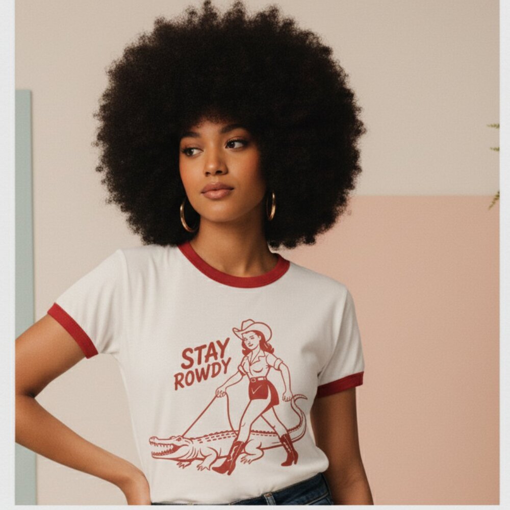 Rowdy Snrky Humor Graphic Tee Retro Ringer White and Red T-Shirt 70s Western